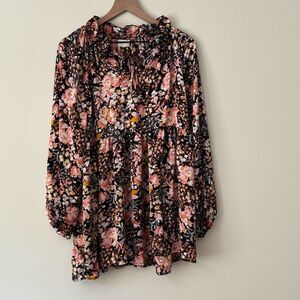 Anthropologie Melloday Extra Large XL Short Floral Silky Dress Long Sleeve